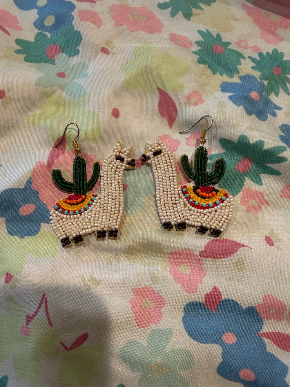 Cream Beaded Llama Earrings with Green Cactus Accent -